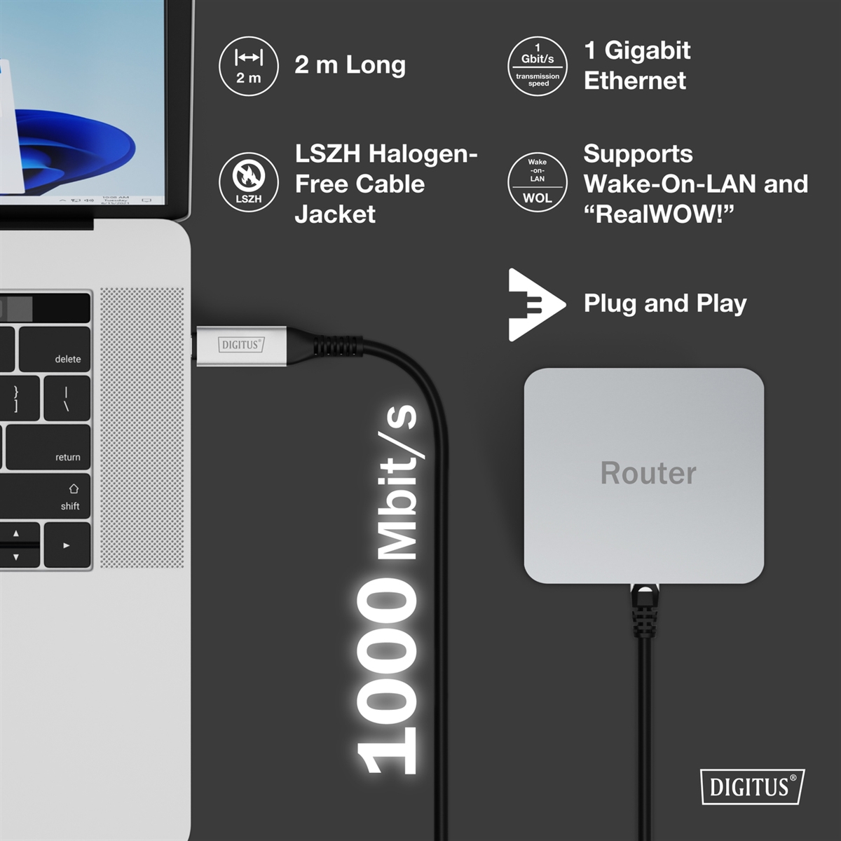 DIGITUS USB-C 3.2 Gen1 - Cavo Ethernet RJ45, 1Gbit/s, 2 mt. colore nero