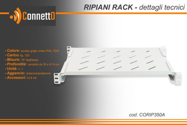 RIPIANO PER ARMADIO RACK 19" ALLUNGABILE 350 MM CON 4 AGGANCI GRIGIO