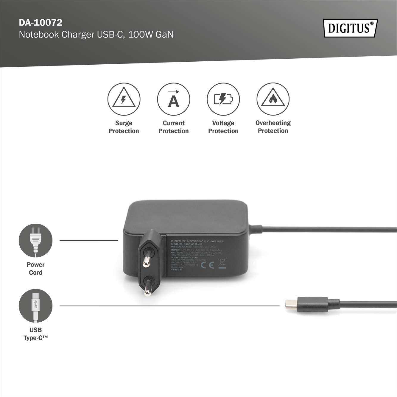 DIGITUS Caricatore per notebook USB-C, 100W GaN