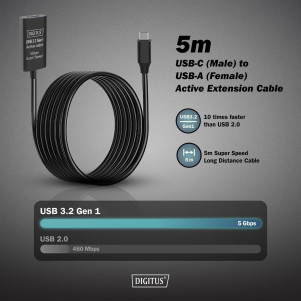 Cavo di prolunga attivo USB 3.2 Gen1 5G, USB-C - USB-A, 5 mt