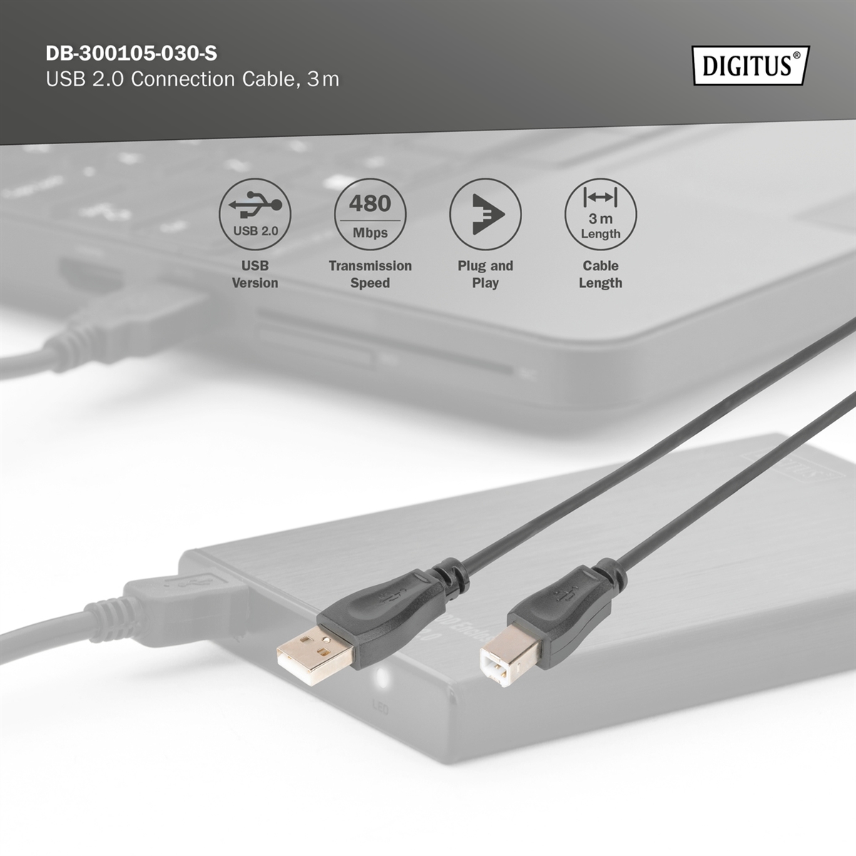 DIGITUS Cavo di collegamento USB 2.0, USB A - USB B