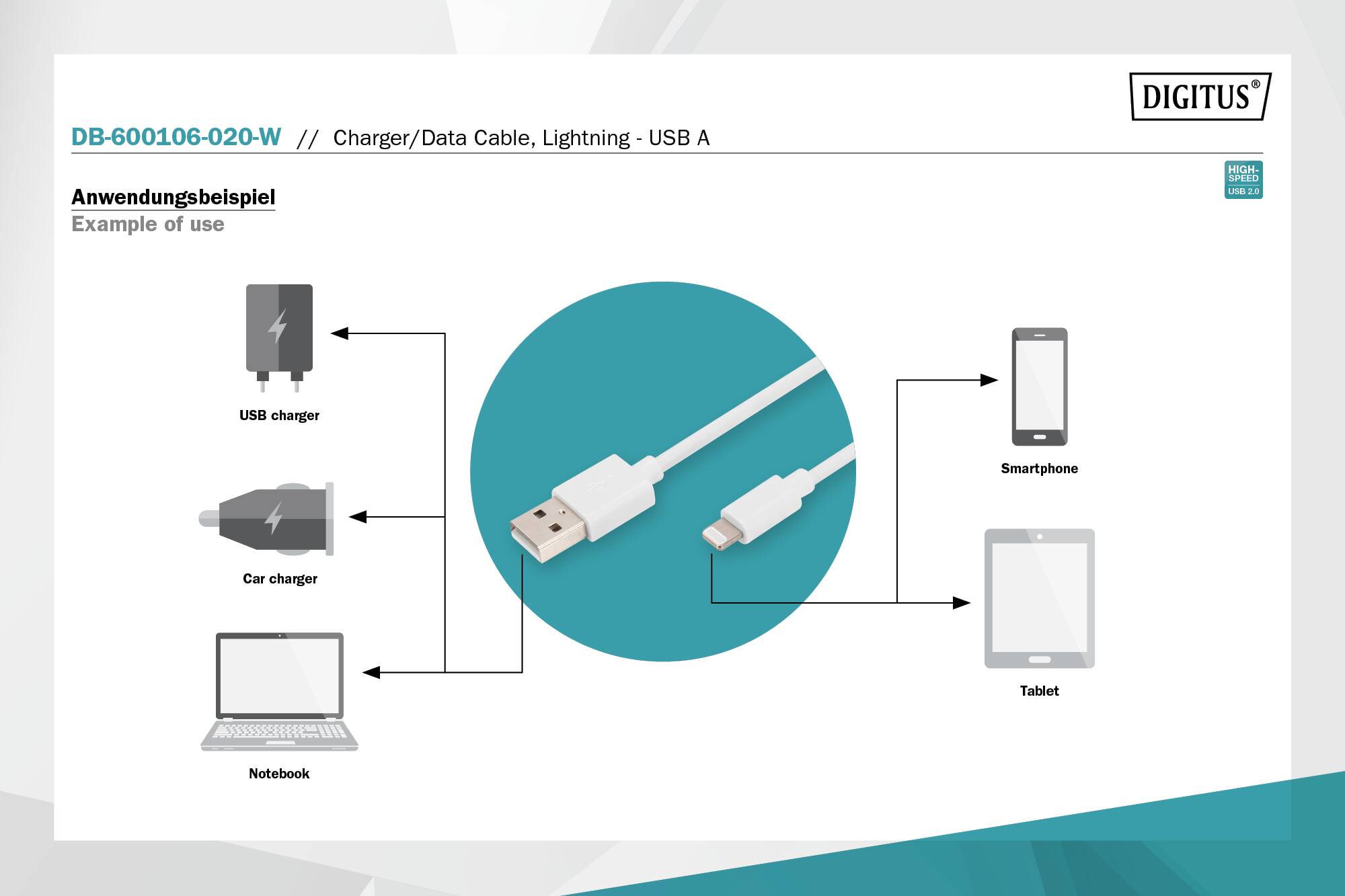 DIGITUS Da Lightning a cavo dati/di ricarica USB A, certificato MFI  mt 2