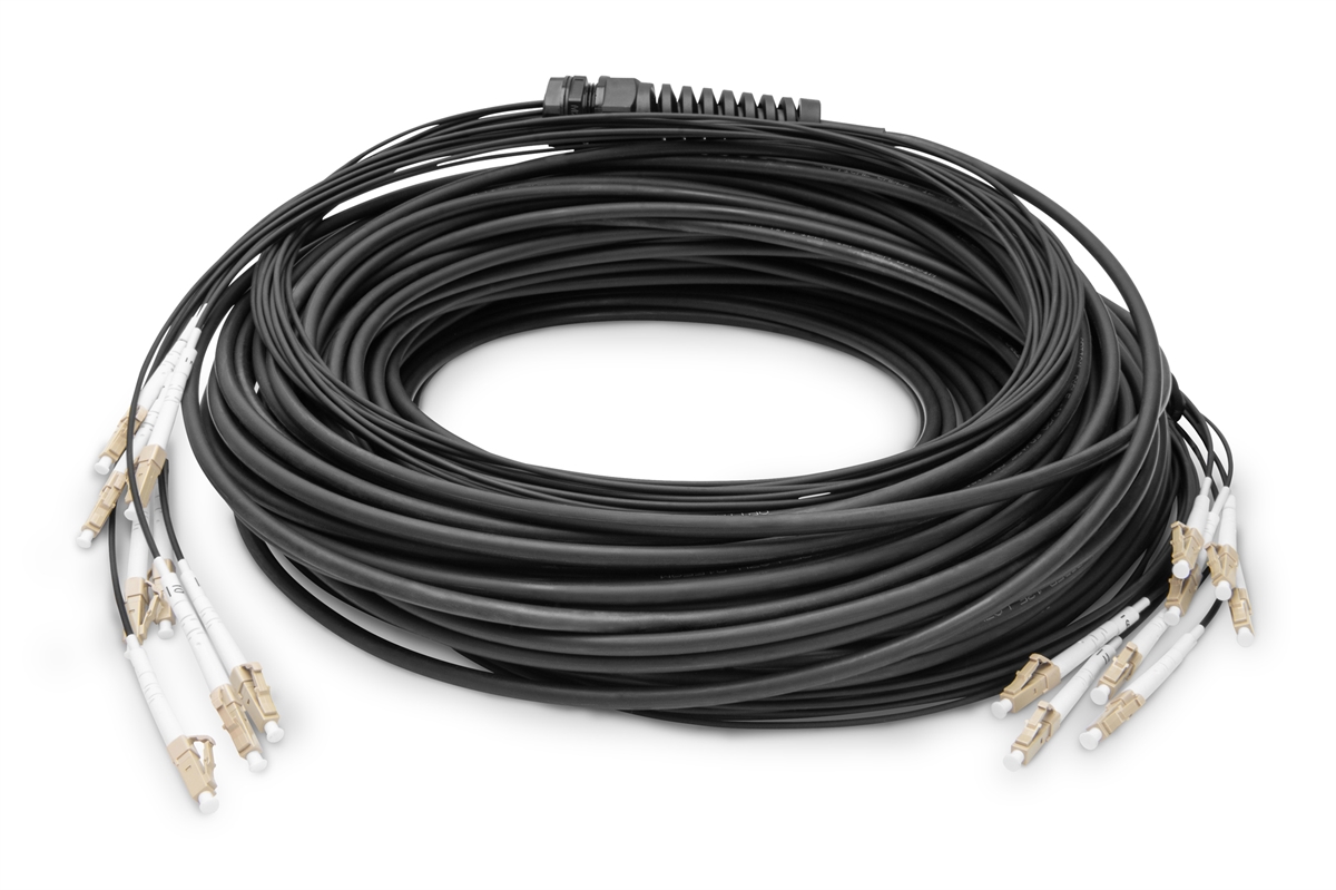 Cavo breakout universale in fibra ottica dotato di terminali, Multimode OM4, 8 fibre, LC/UPC - LC/UPC 100 mt. Colore: Nero