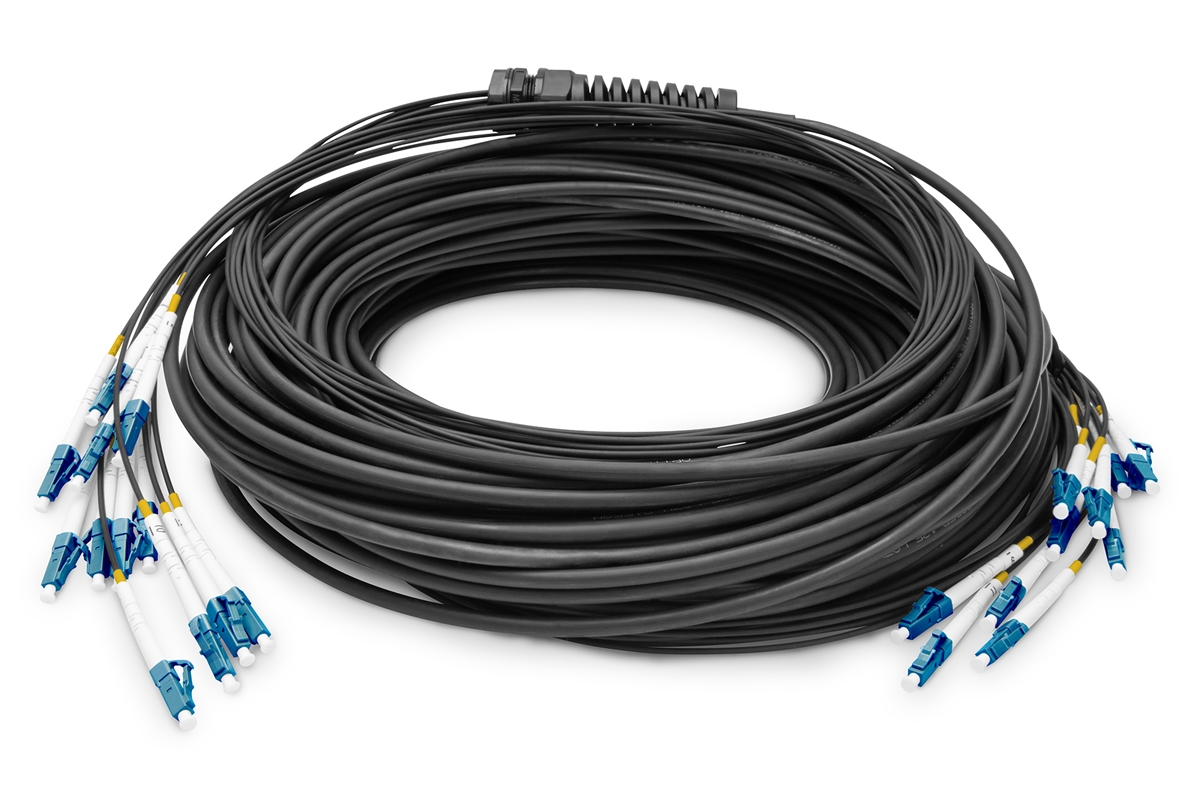Cavo breakout universale in fibra ottica dotato di terminali, Multimode OS2, 12 fibre, LC/UPC - LC/UPC  75 mt. colore nero