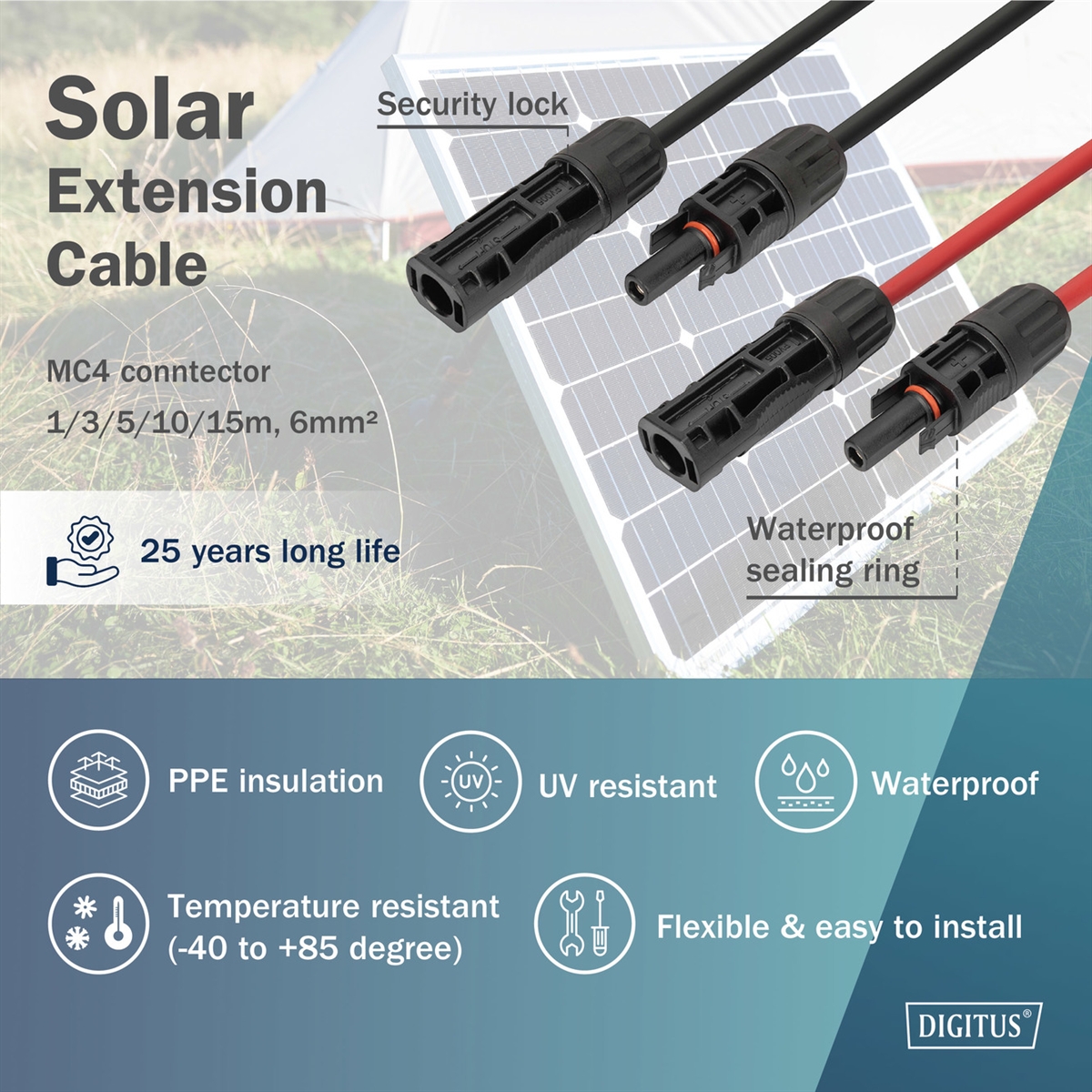 DIGITUS Prolunga cavo solare 3 m, 6 mm connessione MC4, cavo FV 1500 V DC, resistente ai raggi UV e alle intemperie, 2 cavi, 1x nero, 1x rosso