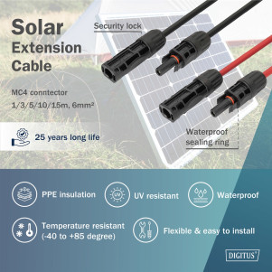 DIGITUS Prolunga cavo solare 5 m, 6 mm connessione MC4, cavo FV 1500 V DC, resistente ai raggi UV e alle intemperie, 2 cavi, 1x nero, 1x rosso