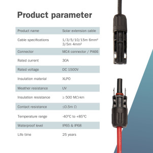 DIGITUS Prolunga cavo solare 15 m, 6 mm connessione MC4, cavo FV 1500 V DC, resistente ai raggi UV e alle intemperie, 2 cavi, 1x nero, 1x rosso