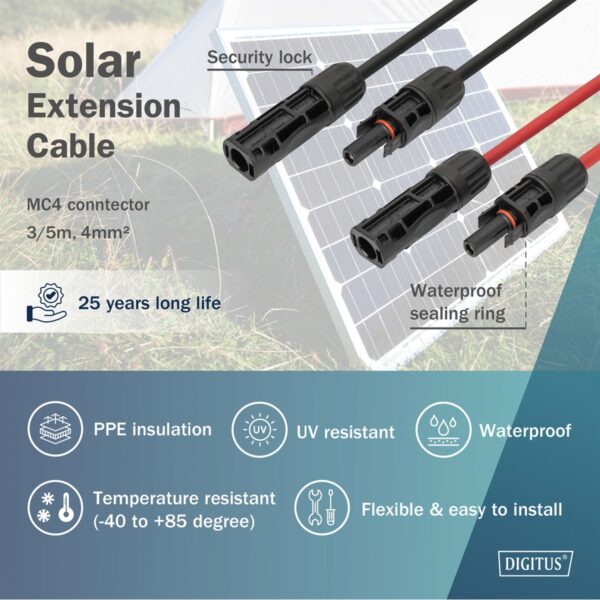 DIGITUS Prolunga cavo solare 5 m, 4 mm connessione MC4, cavo FV 1500 V DC, resistente ai raggi UV e alle intemperie, 2 cavi, 1x nero, 1x rosso