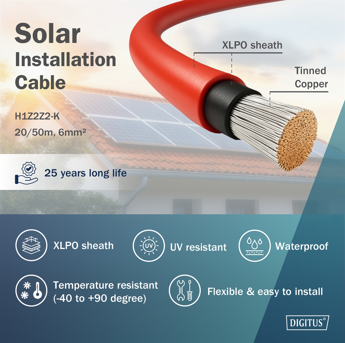 DIGITUS covo solare da installazione 50m, 6mm rosso, cavo FV 1500V DC, resistente ai raggi UV e alle intemperie