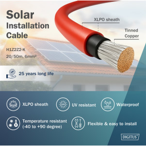 DIGITUS covo solare da installazione 20m, 6mm rosso, cavo FV 1500V DC, resistente ai raggi UV e alle intemperie
