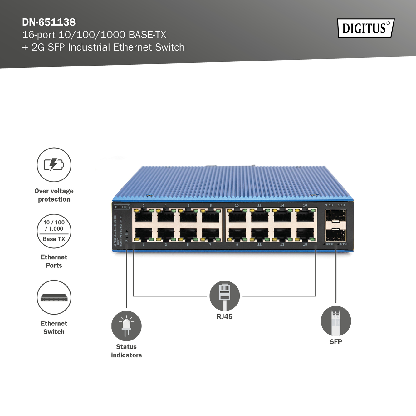 DIGITUS Switch di rete Gigabit Ethernet a 16 porte, industriale, non gestito, 2 Uplink SFP