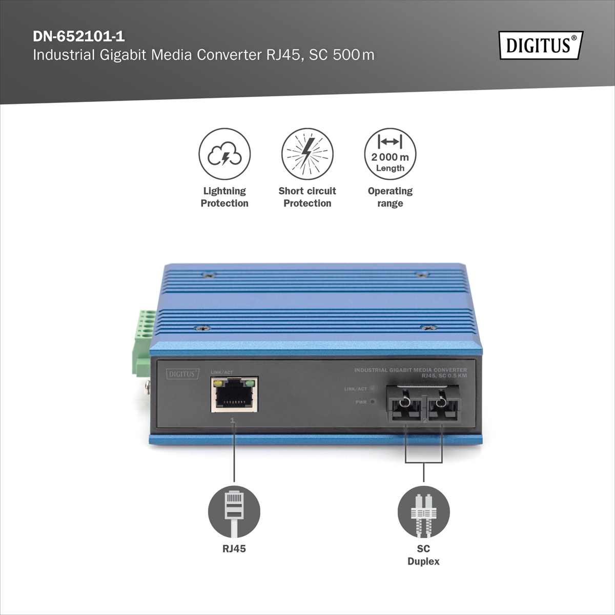 DIGITUS Convertitore multimediale industriale DIGITUS Gigabit RJ45, SC 0,5 km