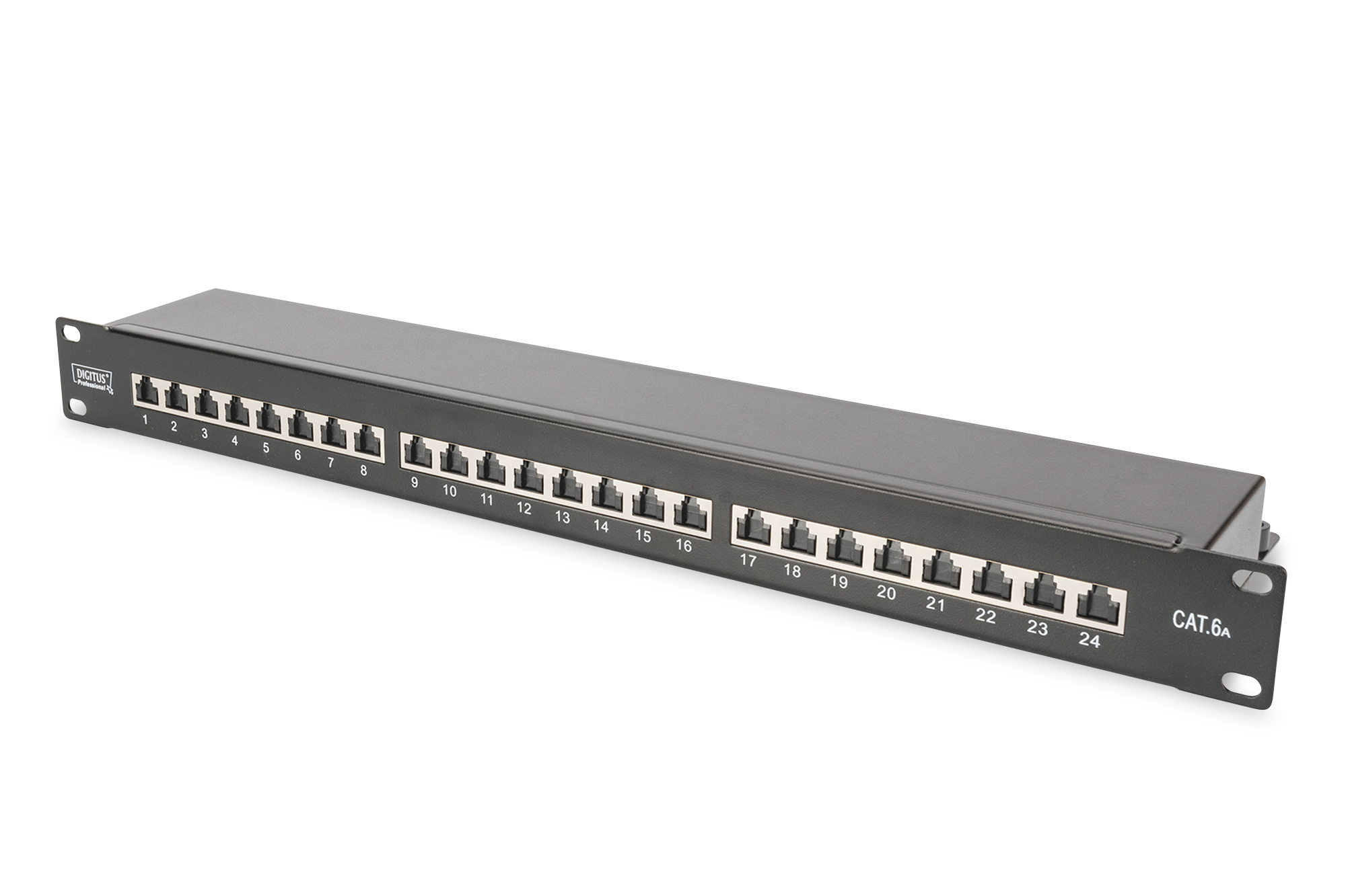 PANNELLO PATCH 19" CATEGORIA 6A SCHERMATO 24 PORTE 8 POLI RJ45 NERO
