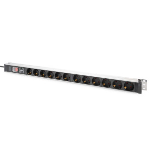 DIGITUS Presa multipla con profilo in alluminio con interruttore e protezione contro la sovratensione, presa munita di messa a terra 12x, cavo 2 mt