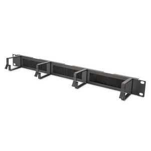 LISTELLO GUIDACAVI FORATO CON SPAZZOLA DI PROTEZIONE PER ARMADI 19" (1 UNITA') NERO CON 4 GANCI