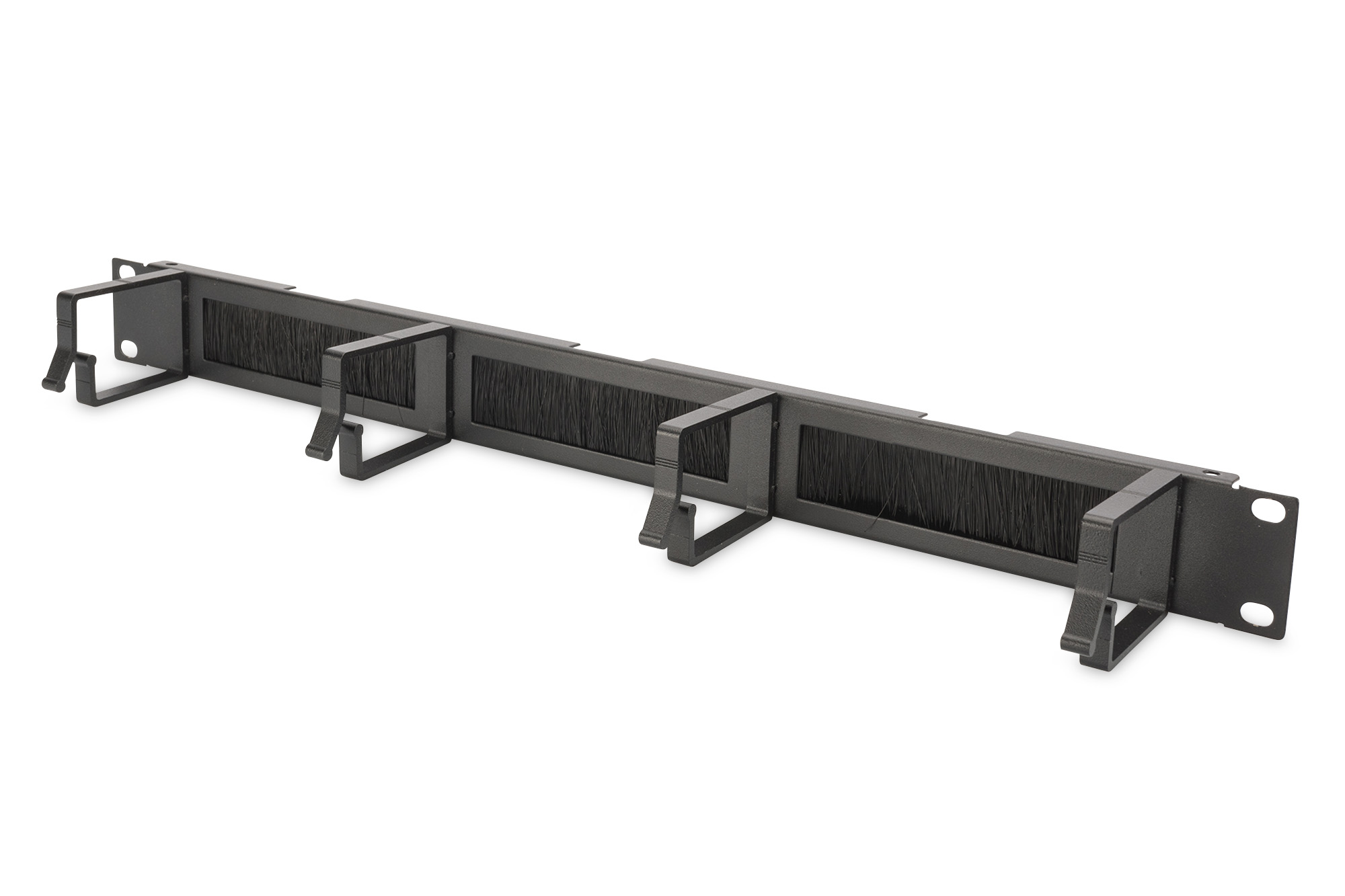 LISTELLO GUIDACAVI FORATO CON SPAZZOLA DI PROTEZIONE PER ARMADI 19" (1 UNITA') NERO CON 4 GANCI