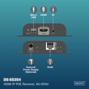 Ricevitore HDMI per DS55353,4K/60Hz 120/200 mt. POE, uno-a-molti, CAT, nero