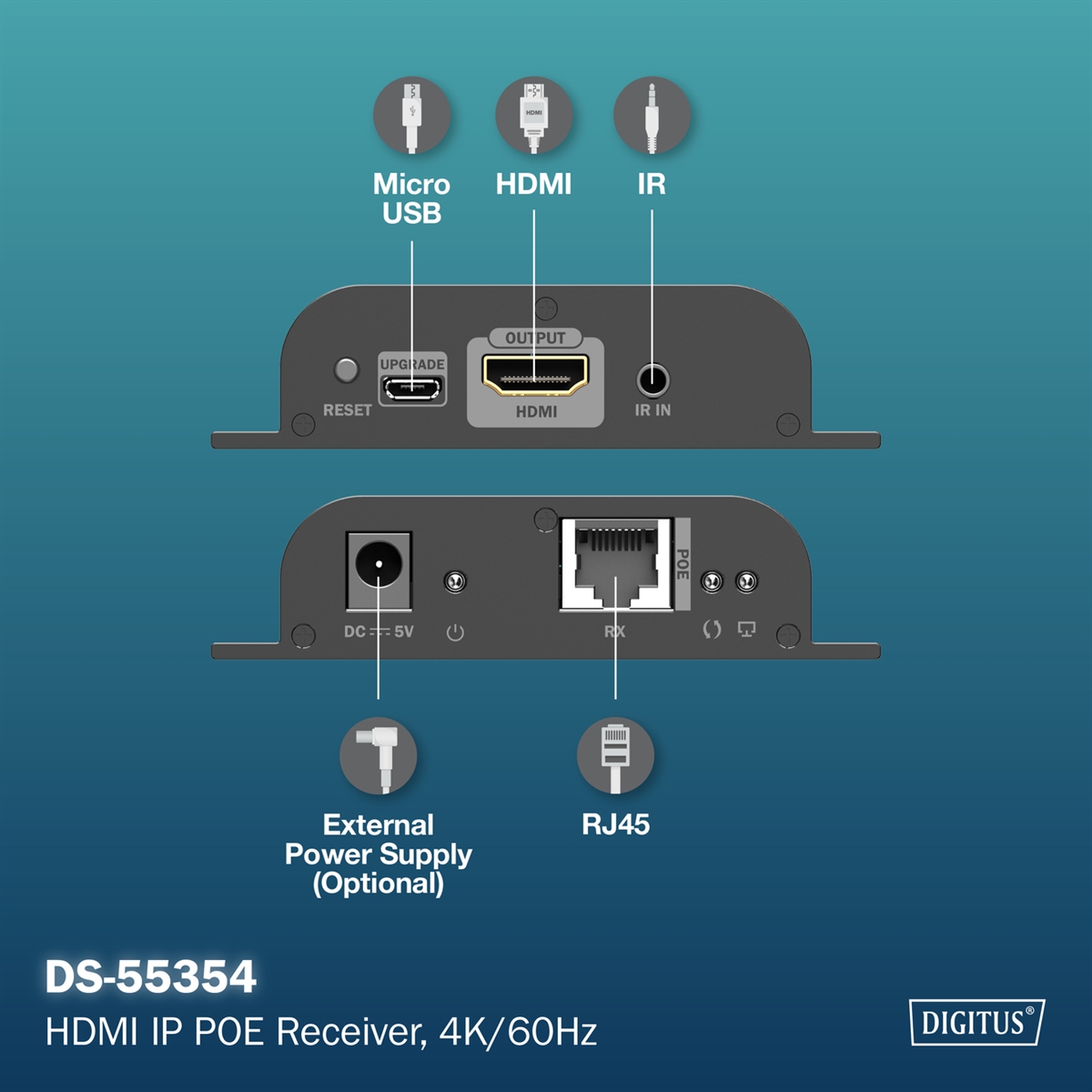 Ricevitore HDMI per DS55353,4K/60Hz 120/200 mt. POE, uno-a-molti, CAT, nero