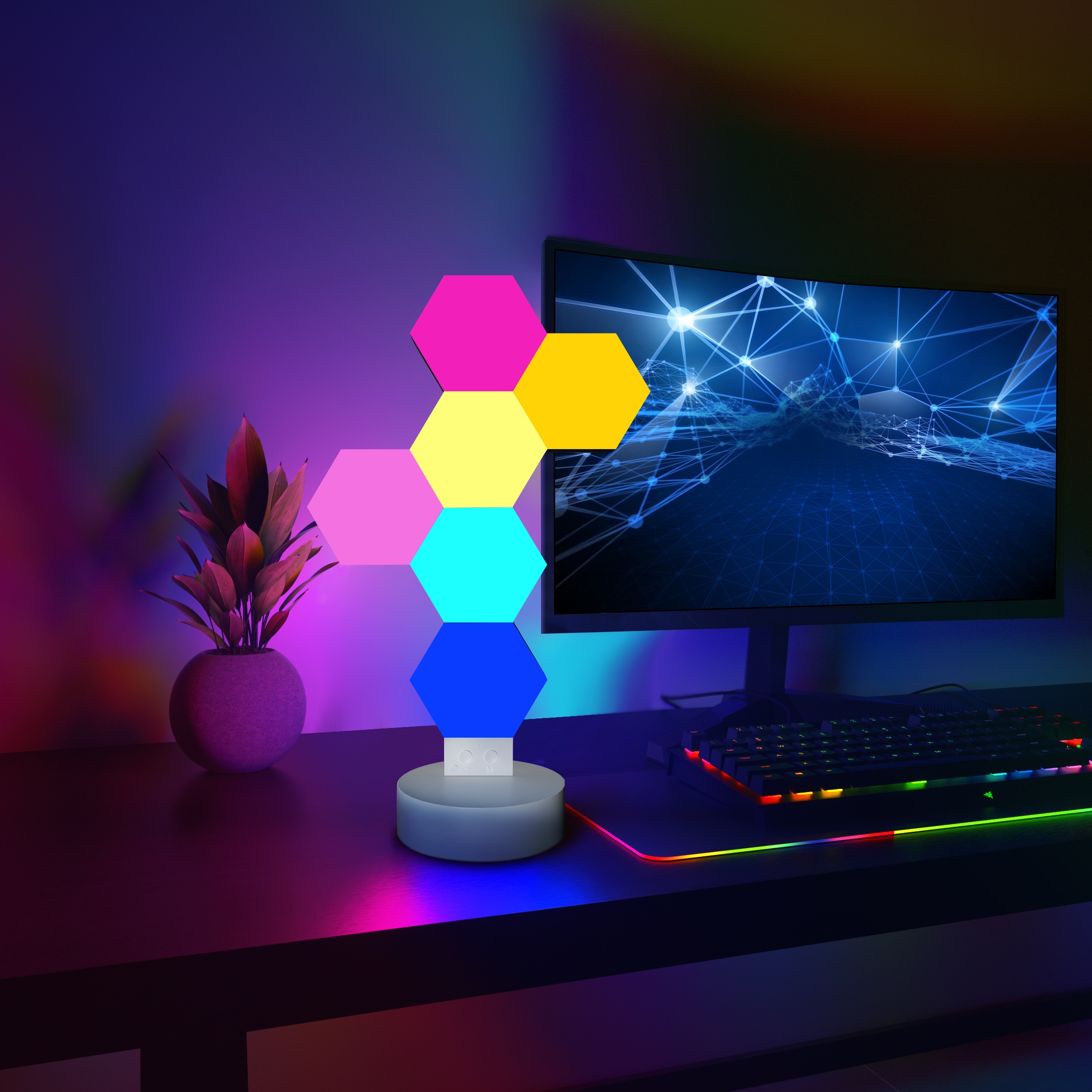 Luci ambientali a esagono pilotabili con Google Assistant, Alexa, Siri wireless/Bluetooth con telecomando