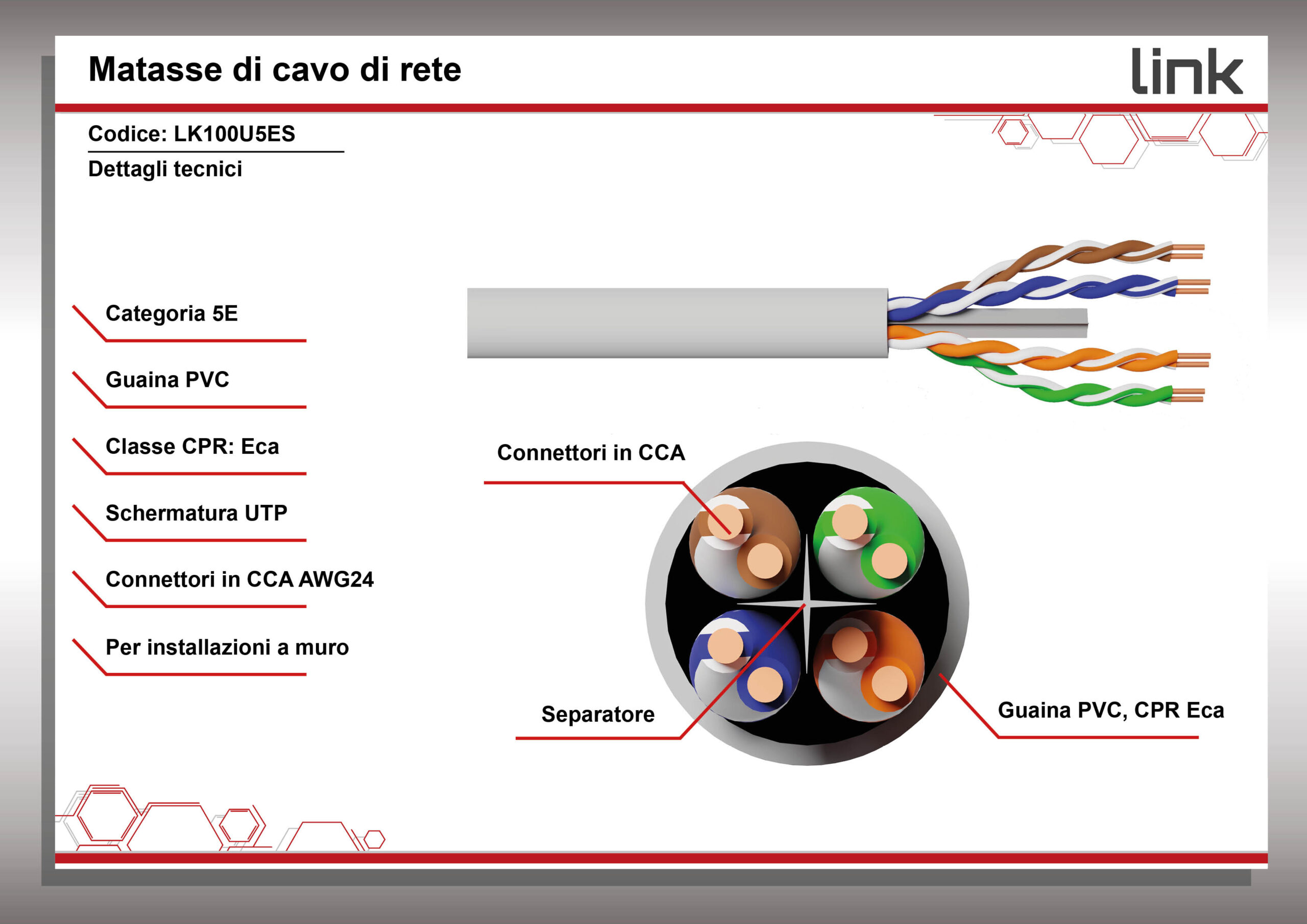 CAVO SOLIDO UTP PER RETI CATEGORIA 5E PVC AWG24 MATERIALE CCA MATASSA MT 100 CLASSE CPR ECA GUAINA BIANCA