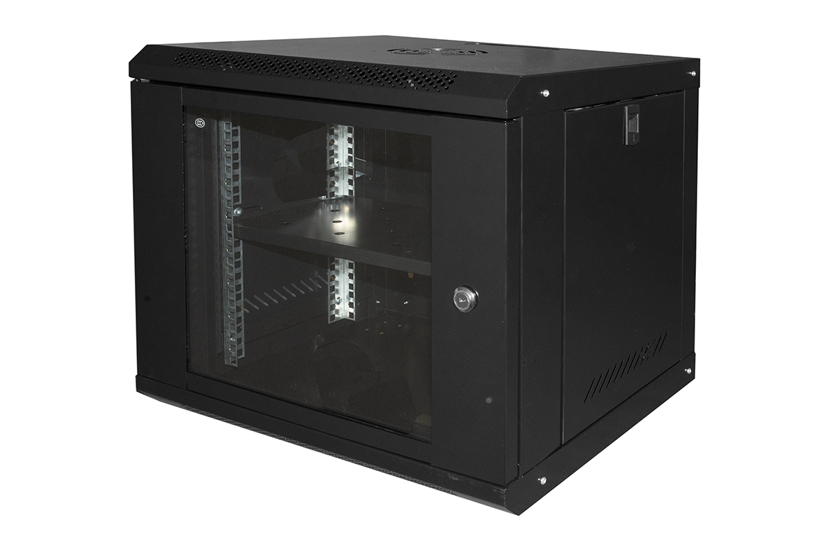 ARMADIO RACK 19" 9U LINK SERIE LIGHT COLORE NERO CON PORTA VETRO (AxPxL) MM 450X400X530 RIPIANO INCLUSO