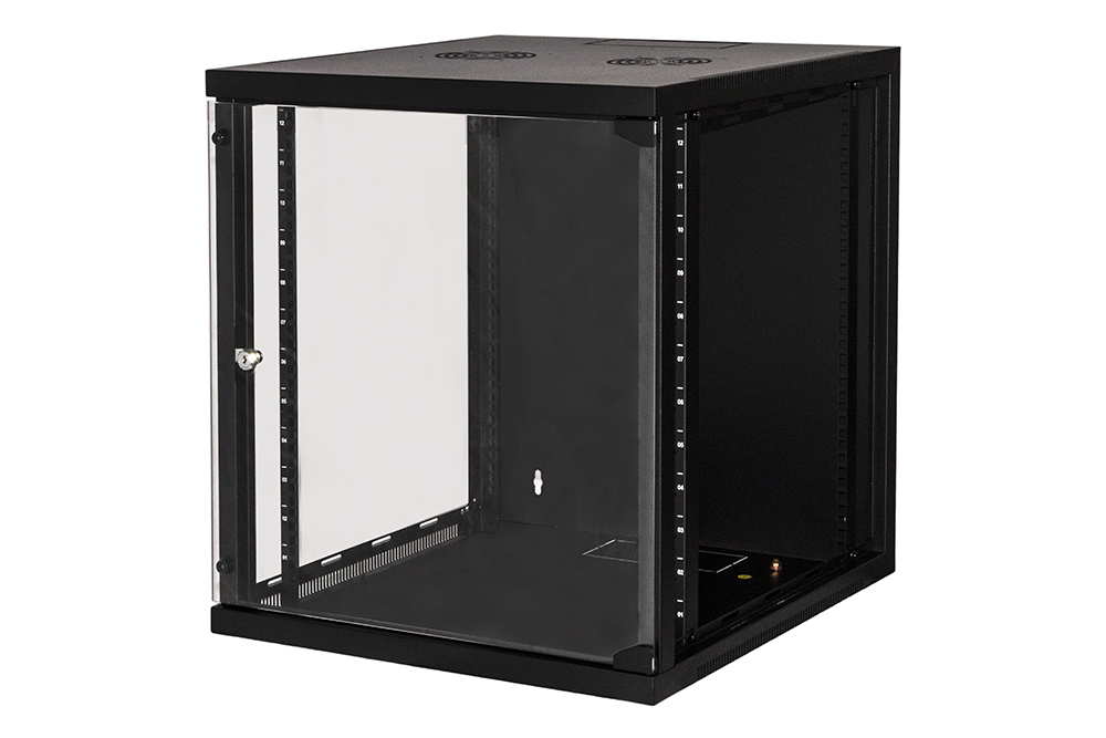 ARMADIO RACK 19" 12 UNITA' DA MURO (A)620X (L)540 X PROFONDITA' 600 MM. COLORE NERO PORTA VETRO