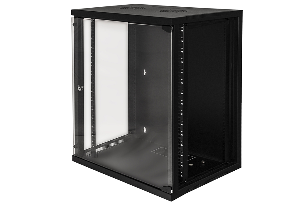 ARMADIO RACK 19" 15 UNITA' DA MURO (A)750X (L)540 X PROFONDITA' 600 MM. COLORE NERO PORTA VETRO