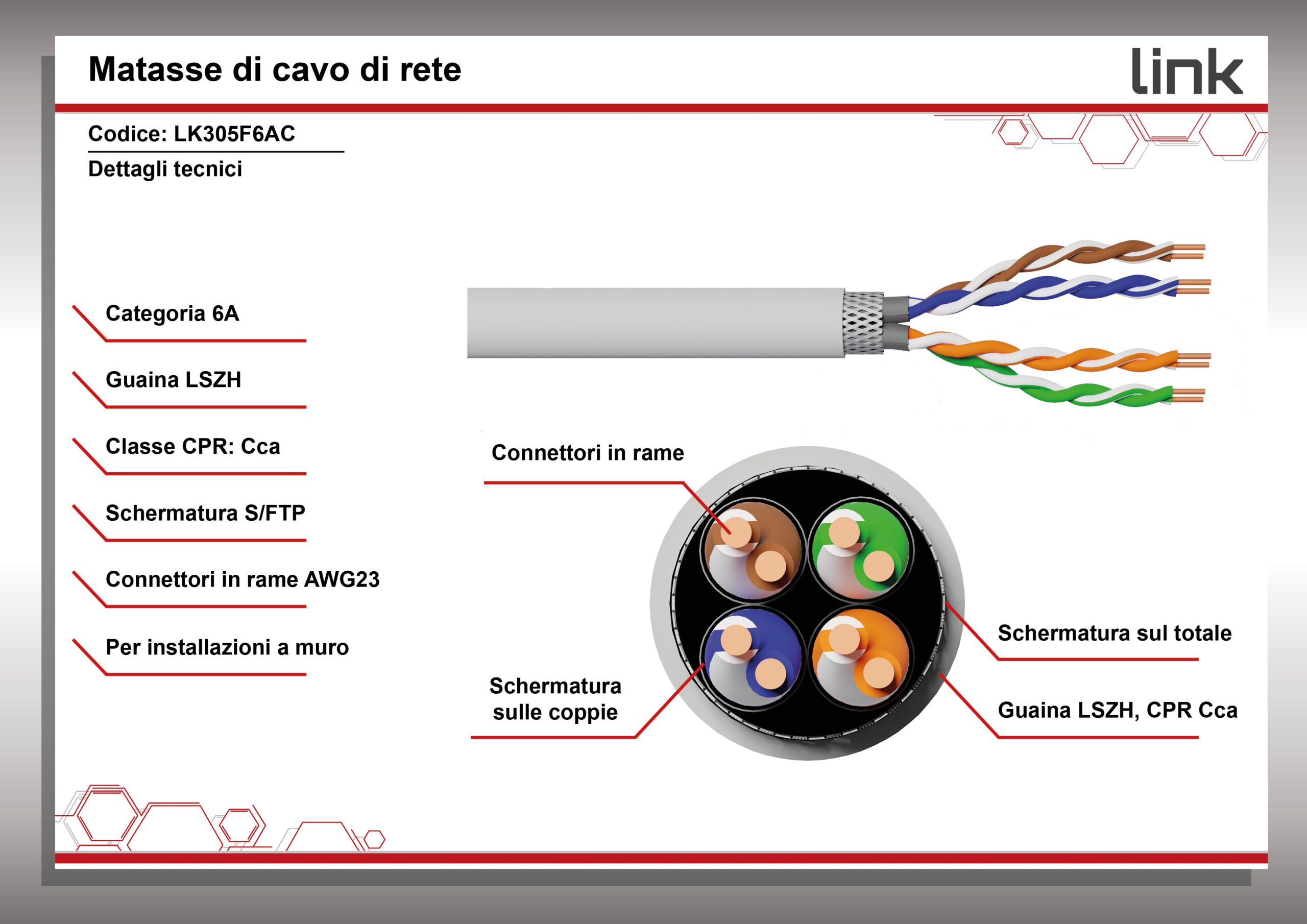 CAVO SOLIDO SCHERMATO S/FTP PER RETI CATEGORIA 6A LSZH AWG23 IN RAME MATASSA MT 305 CLASSE CPR CCA