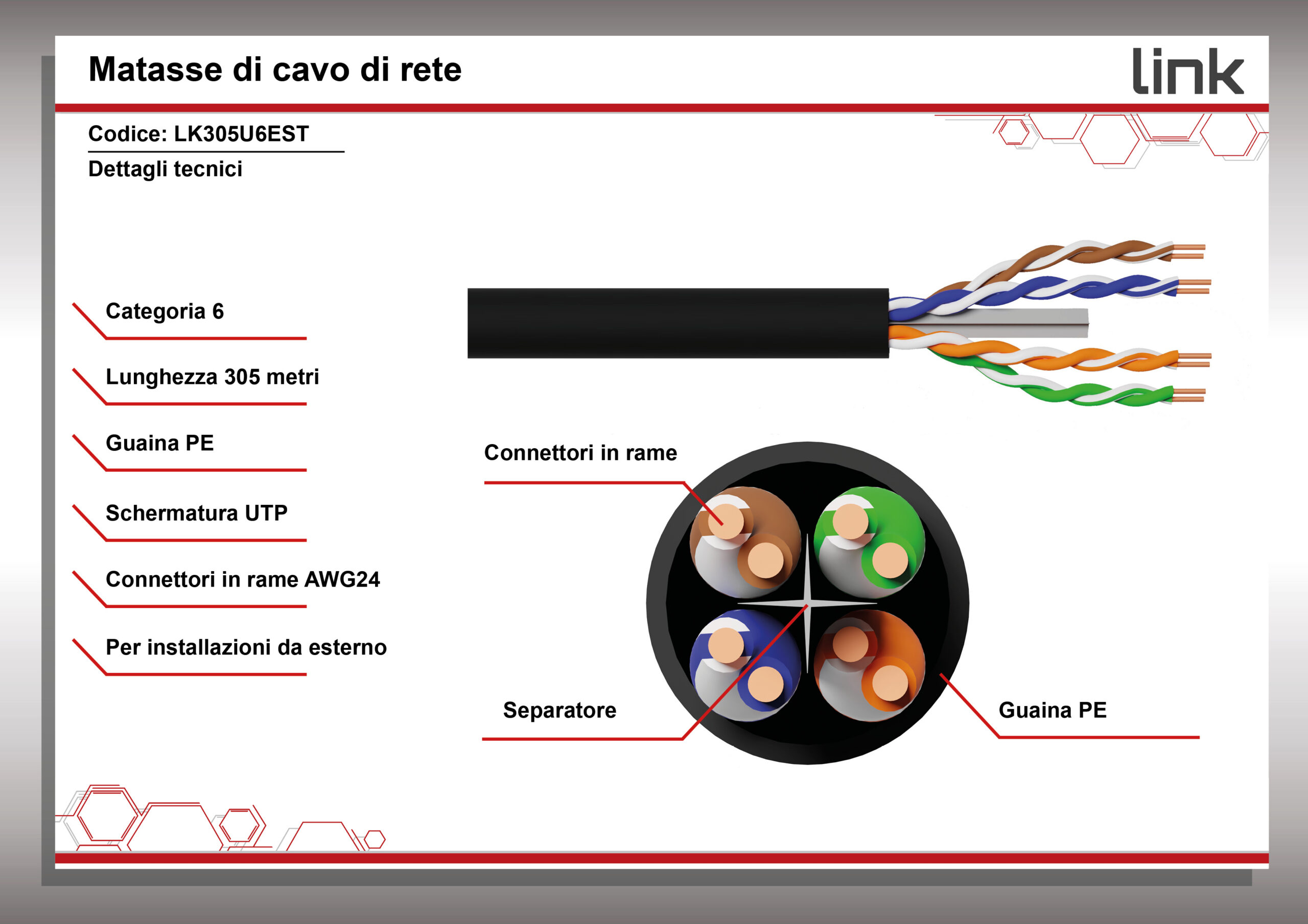 CAVO SOLIDO U/UTP PER RETI CATEGORIA 6 AWG24 IN RAME PER ESTERNO GUAINA PE MATASSA 305 MT