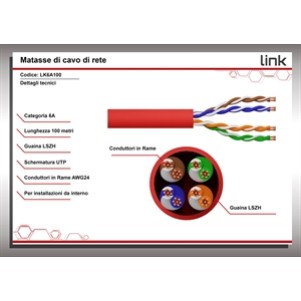 MATASSA CAVO RETE CATEGORIA 6A NON SCHERMATO UTP AWG24 HALOGENFREE FLESSIBILE COLORE ROSSO MT.100