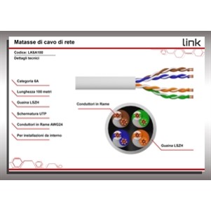 MATASSA CAVO RETE CATEGORIA 6A NON SCHERMATO UTP AWG24 HALOGENFREE FLESSIBILE COLORE BIANCO MT.100