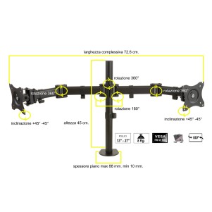 BRACCIO SUPPORTO DA TAVOLO CON MORSA PER 2 MONITOR 13-27" FINO A 8 KG A 3 SNODI