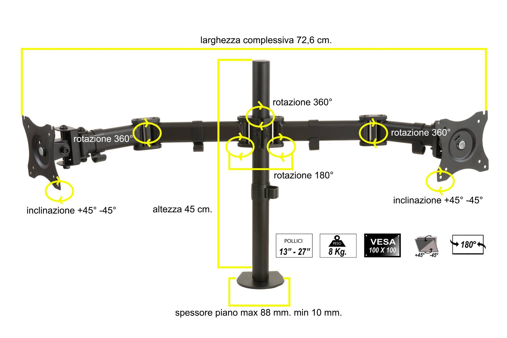 BRACCIO SUPPORTO DA TAVOLO CON MORSA PER 2 MONITOR 13-27" FINO A 8 KG A 3 SNODI