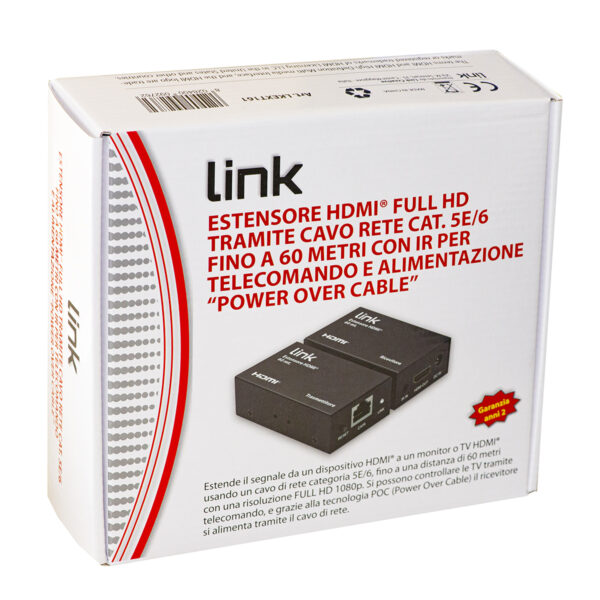 ESTENSORE HDMI® TRAMITE CAVO RETE CAT 6 FINO A 60 METRI 1080P CON COMANDO INFRAROSSI ALIMENTAZIONE DEL RICEVITORE POC (POWER OVER CABLE)