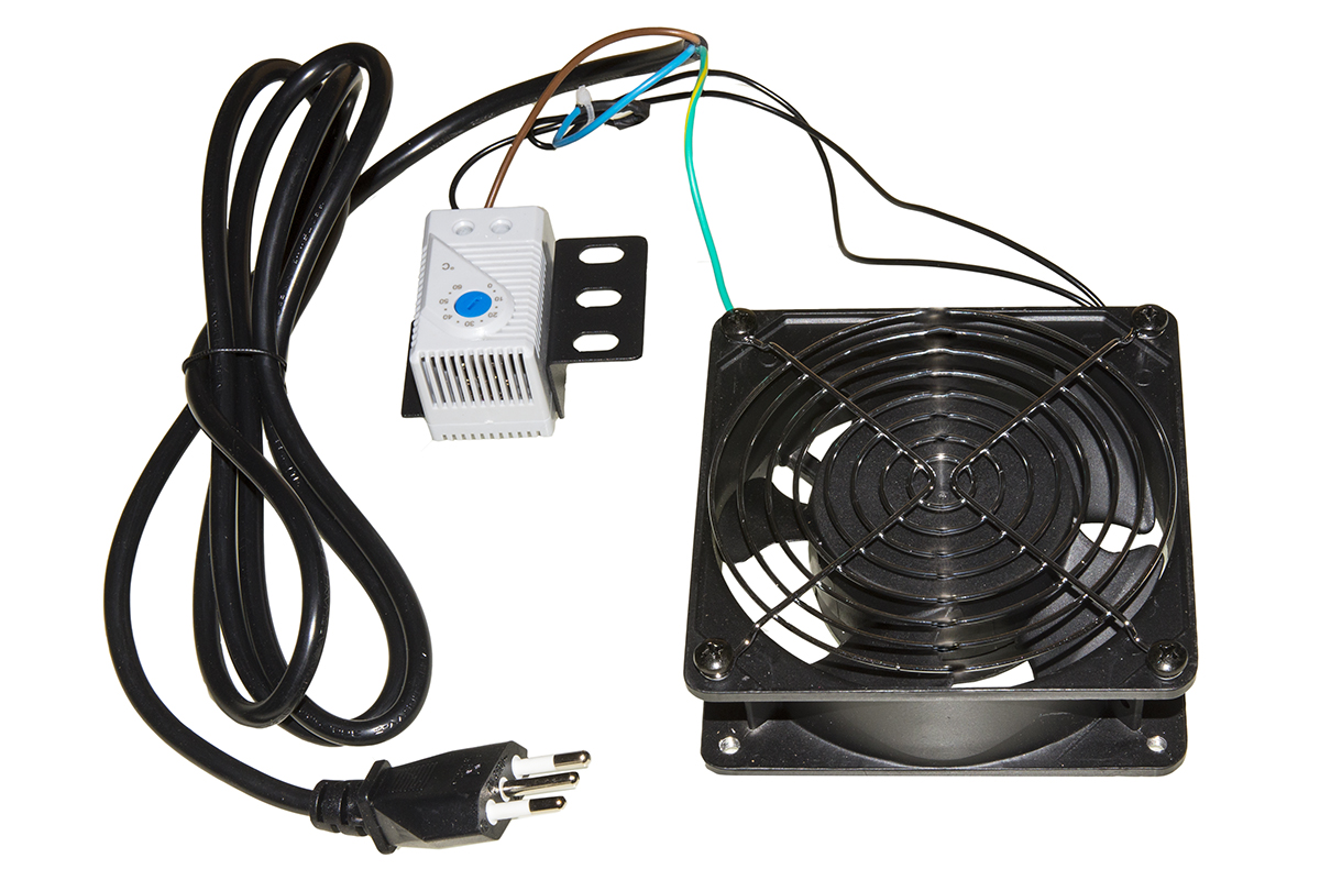 VENTOLA 220 VOLT 120X120 MM UNIVERSALE COLORE NERO PER ARMADI RACK CON TERMOSTATO E CAVO DI ALIMENTAZIONE