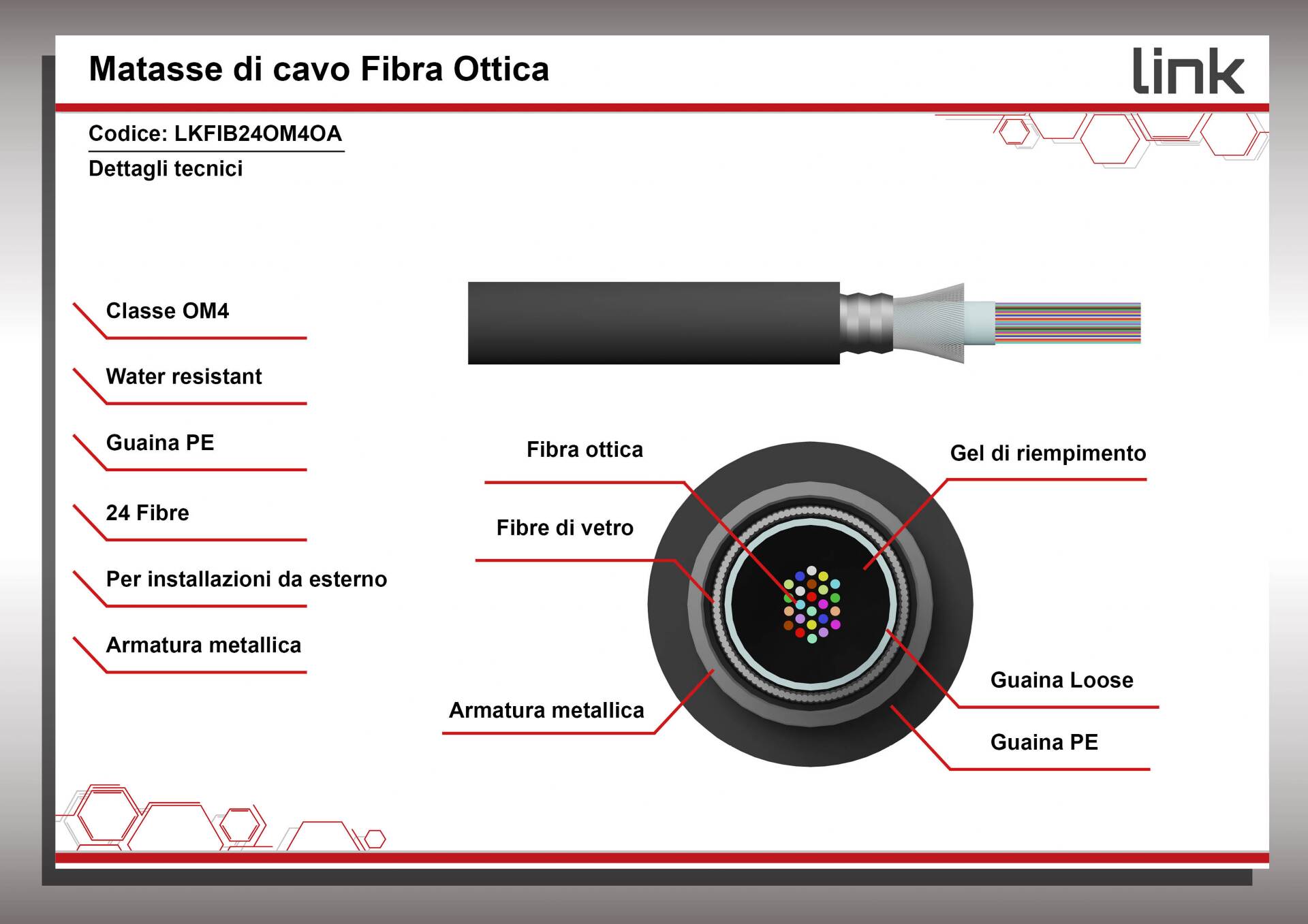CAVO FIBRA OTTICA 24 FIBRE ARMATO DA ESTERNO/INTERNO ANTIRODITORE OM4 (AL METRO)