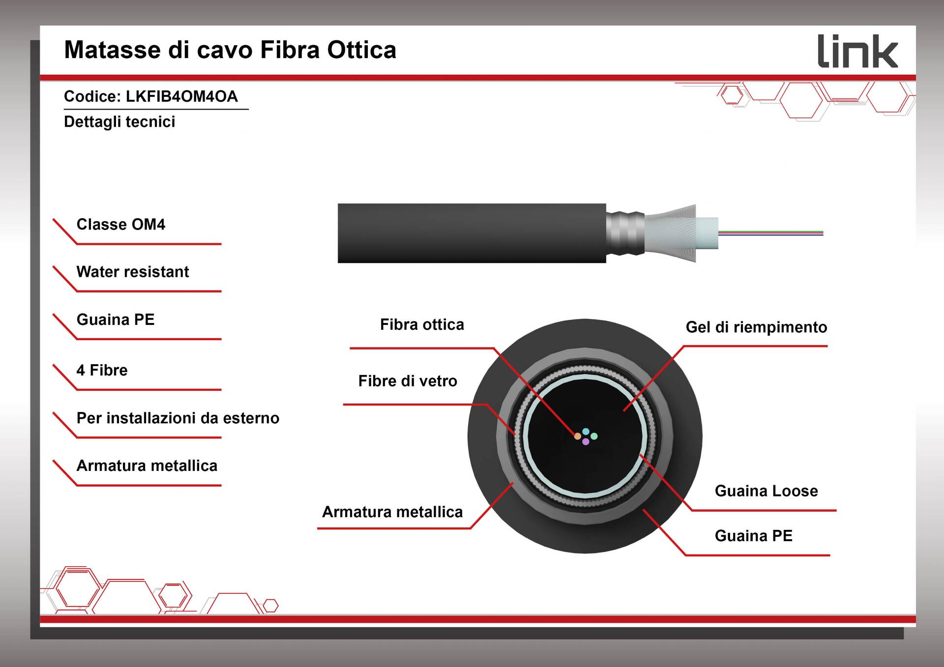 CAVO FIBRA OTTICA 4 FIBRE ARMATO DA ESTERNO/INTERNO ANTIRODITORE OM4 (AL METRO)