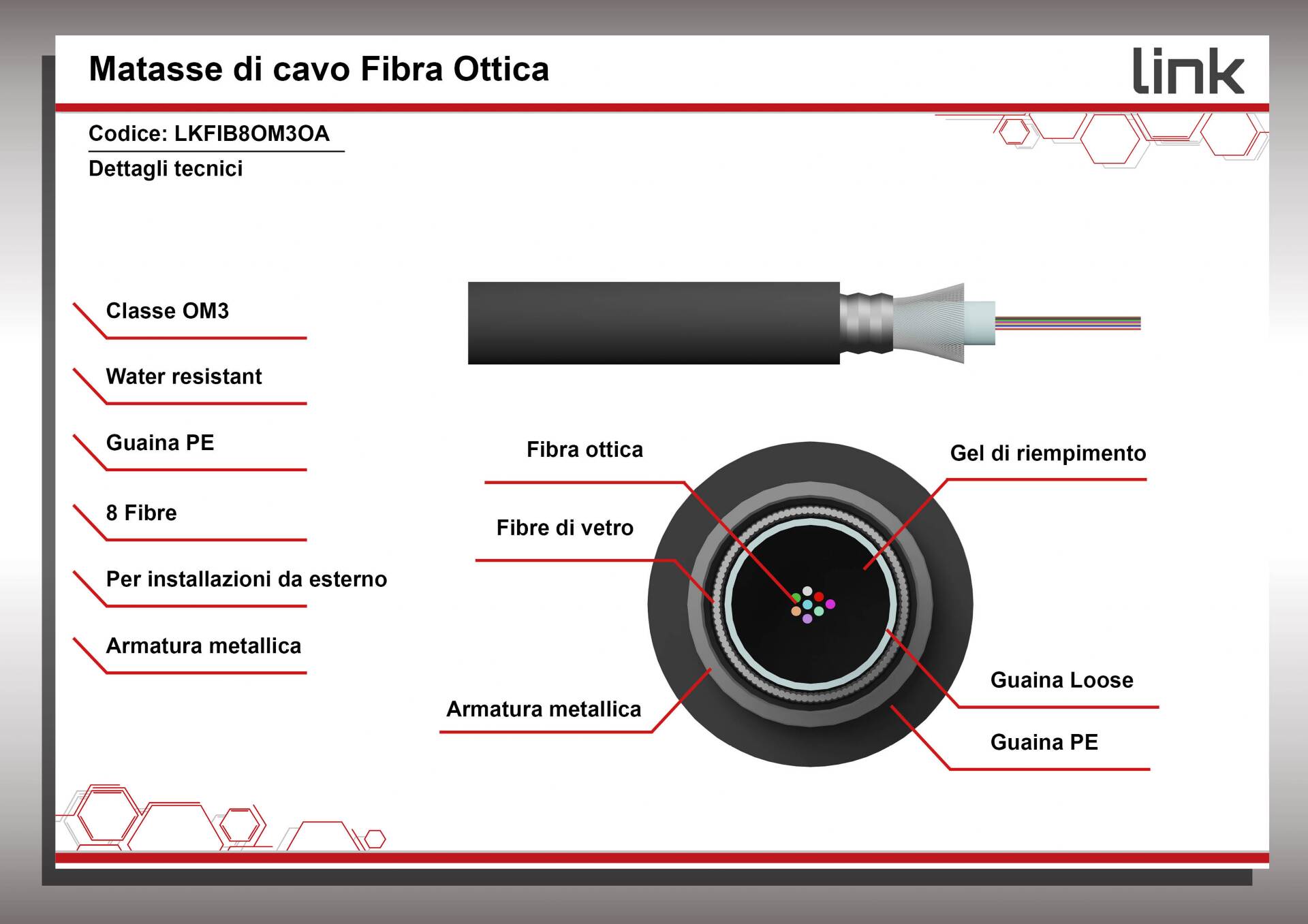 CAVO FIBRA OTTICA DA ESTERNO ARMATO OM3 GUAINA PE 8 FIBRE (AL METRO)