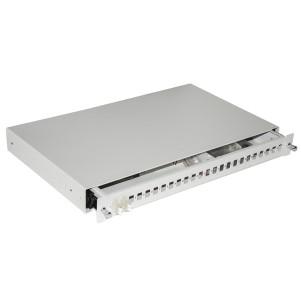 CASSETTO FIBRA OTTICA 24 PORTE PER ADATTATORI LC DUPLEX E SC SIMPLEX 1 UNITA' PER INSTALLAZIONE 19" GRIGIO CON BINARI TELESCOPICI
