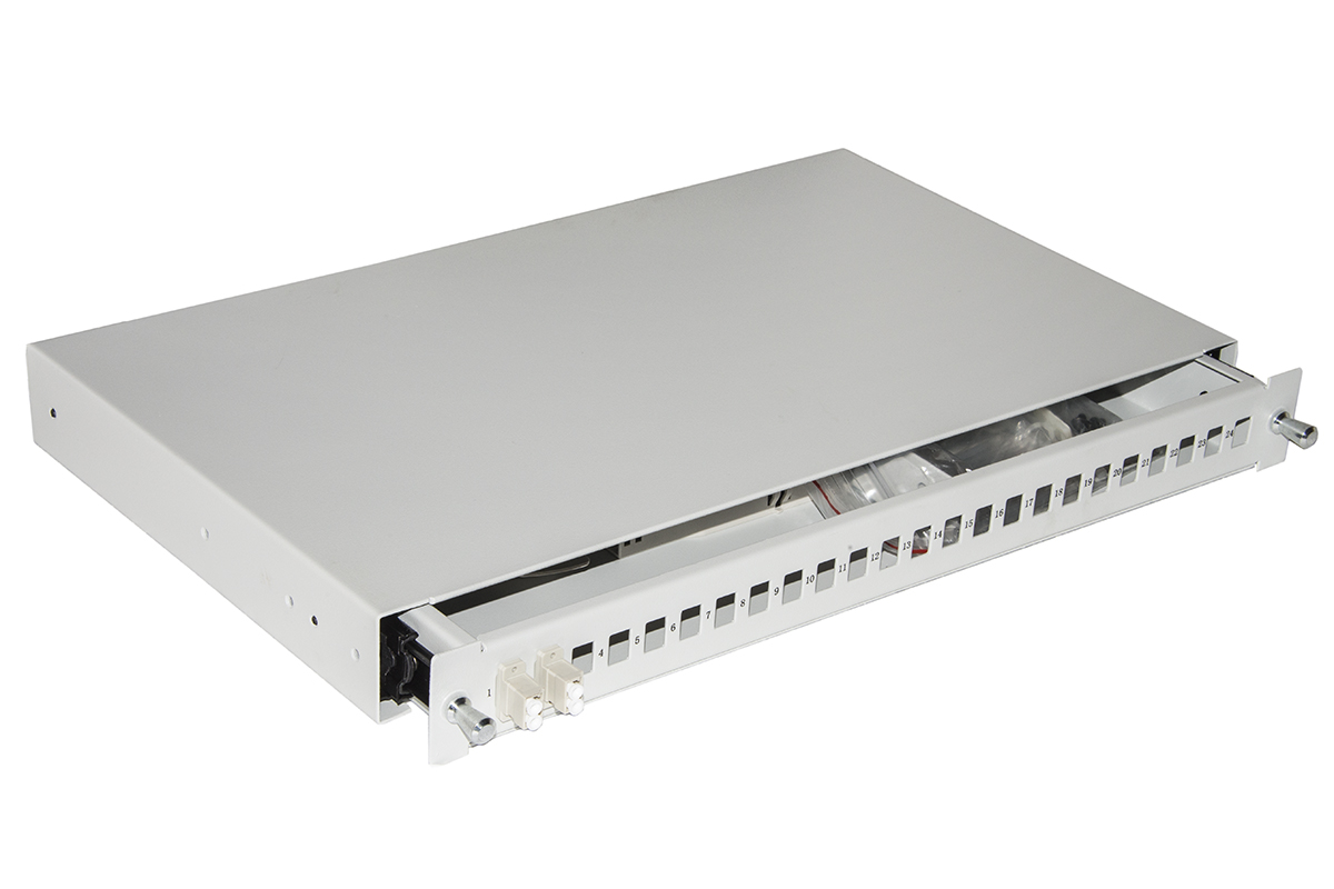 CASSETTO FIBRA OTTICA 24 PORTE PER ADATTATORI LC DUPLEX E SC SIMPLEX 1 UNITA' PER INSTALLAZIONE 19" GRIGIO CON BINARI TELESCOPICI