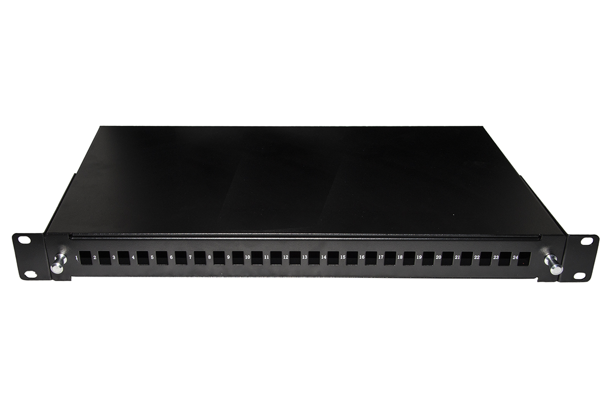 CASSETTO FIBRA OTTICA 24 PORTE PER ADATTATORI LC DUPLEX E SC SIMPLEX 1 UNITA' PER INSTALLAZIONE 19" NERO CON BINARI TELESCOPICI