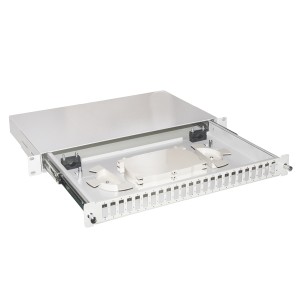 CASSETTO FIBRA OTTICA 24 PORTE PER ADATTATORI SC DUPLEX 1 UNITA' PER INSTALLAZIONE 19" GRIGIO CON BINARI TELESCOPICI