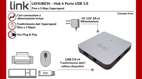HUB 4 PORTE USB 3.0 CON ALIMENTATORE