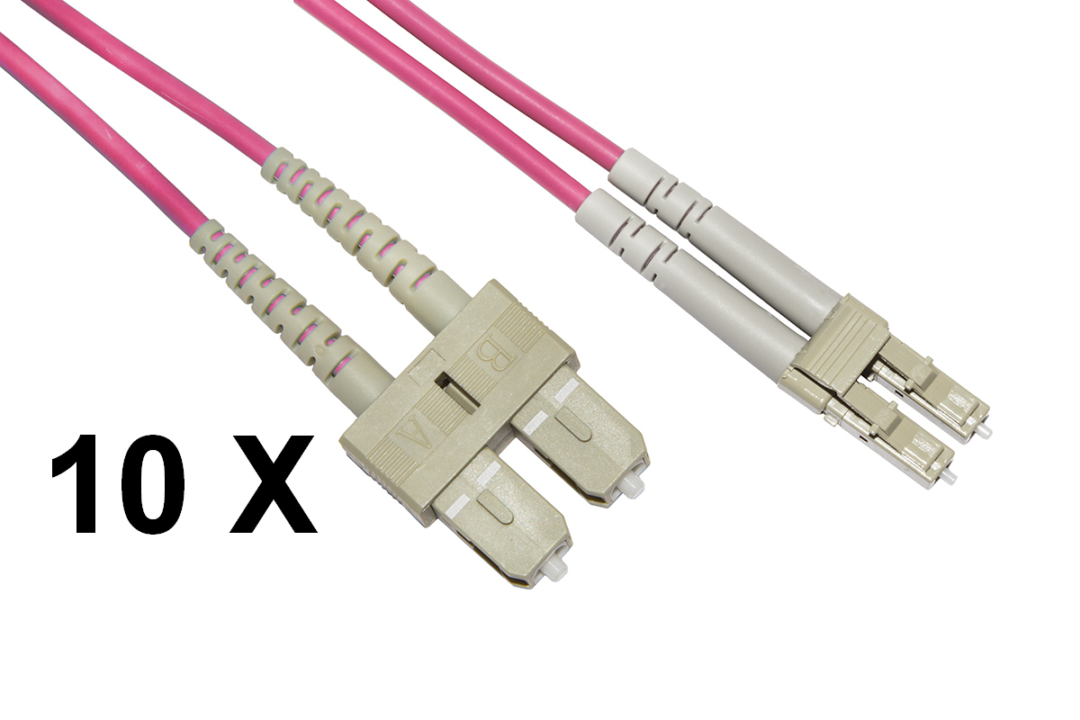 CONFEZIONE 10 CAVI FIBRA OTTICA LC A SC MULTIMODE DUPLEX OM4 GUAINA 2 MM 50/125 MT.1