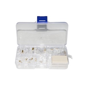 SET ATTREZZI  IN ASTUCCIO CON PINZA PER CONNETTORI 4, 6, 8 POLI, SPELAFILI, TESTER, CASSETTINA CON PLUG 6 E 8 POLI, INSERITORE KEYSTONE E TESTER CAVI DI RETE