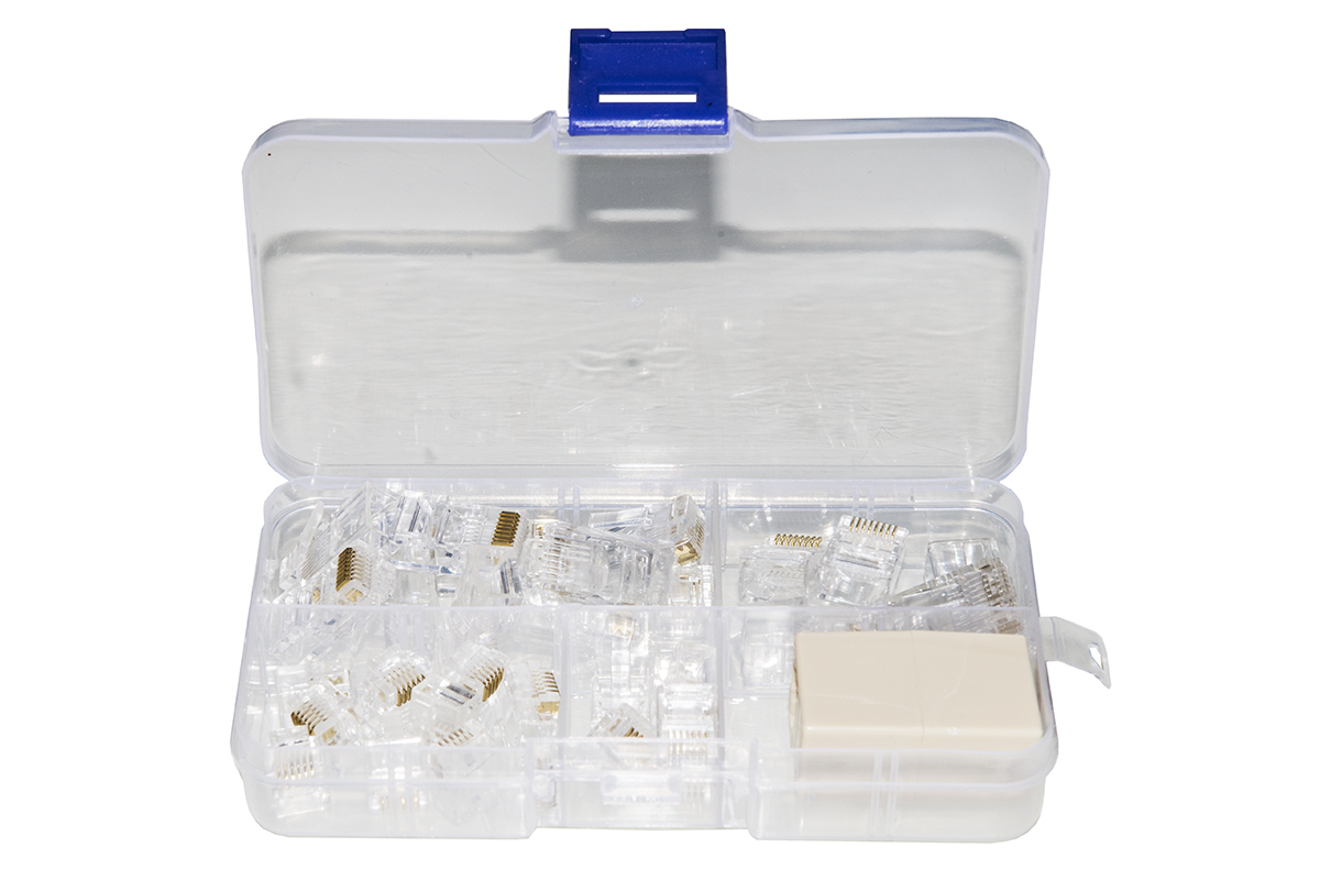 SET ATTREZZI  IN ASTUCCIO CON PINZA PER CONNETTORI 4, 6, 8 POLI, SPELAFILI, TESTER, CASSETTINA CON PLUG 6 E 8 POLI, INSERITORE KEYSTONE E TESTER CAVI DI RETE