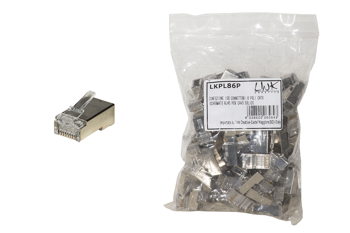 CONFEZIONE 100 CONNETTORI 8 POLI CAT 6 SCHERMATO RJ45 PER CAVO SOLIDO
