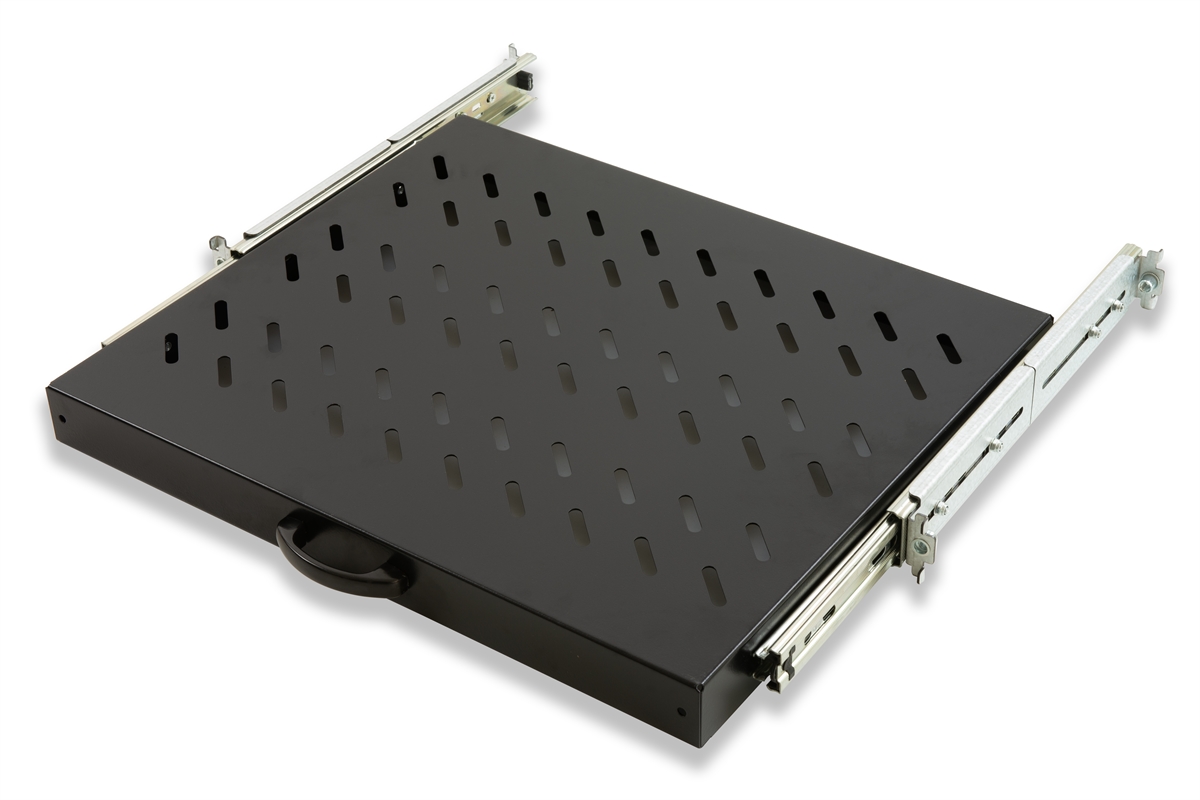 RIPIANO UNIVERSALE PER ARMADIO RACK 19" ESTRAIBILE SU BINARI TELESCOPICI 1 UNITA' NERO 370 MM.