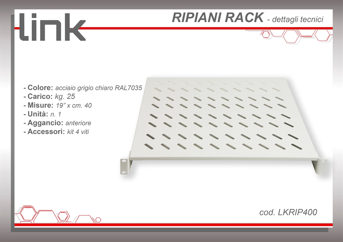 RIPIANO PER ARMADIO 19" 2 UNITA' PROFONDITA' 400 MM. (UNIVERSALE) COLORE GRIGIO