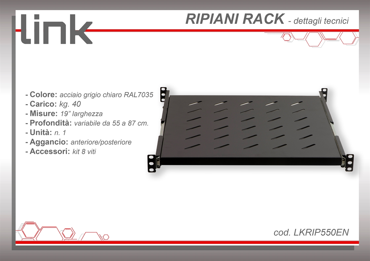 RIPIANO UNIVERSALE PER ARMADIO RACK 19" ESTRAIBILE SU BINARI TELESCOPICI 1 UNITA' NERO 550MM.
